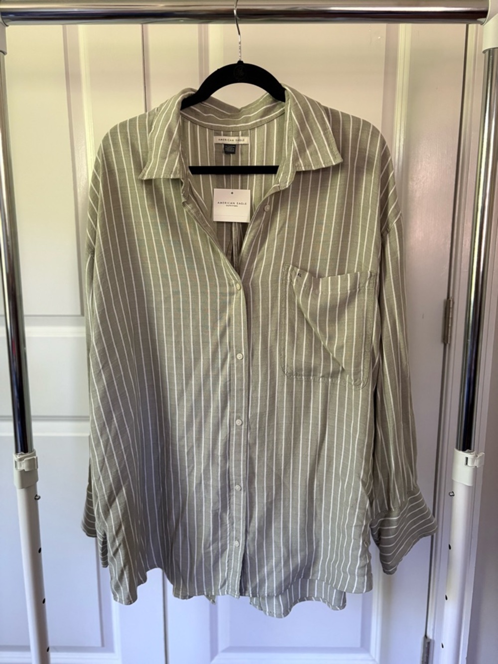 American Eagle Outfitters Olive Green Striped Button-Down Shirt